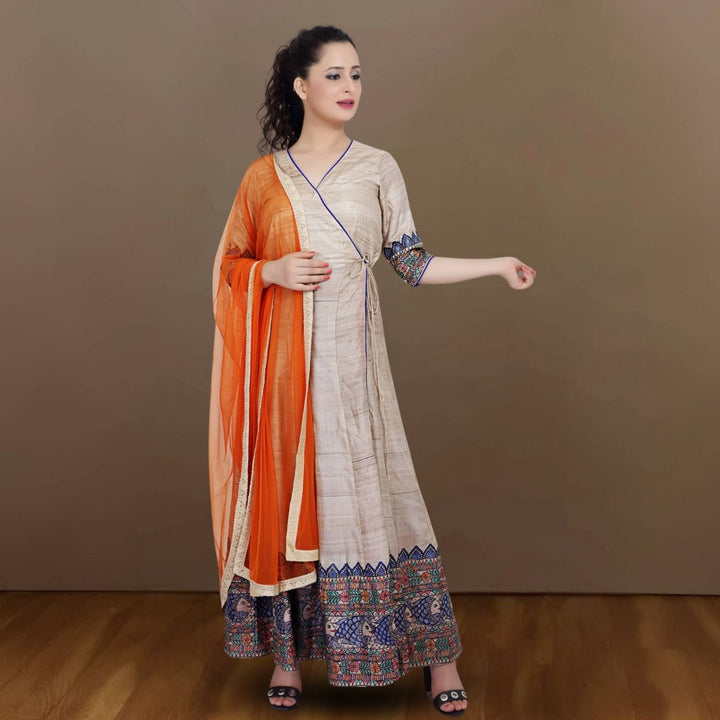 Eyana Tussar Silk Angarakha Set | Madhubani Hand-Painted | Occasion Wear | Beige