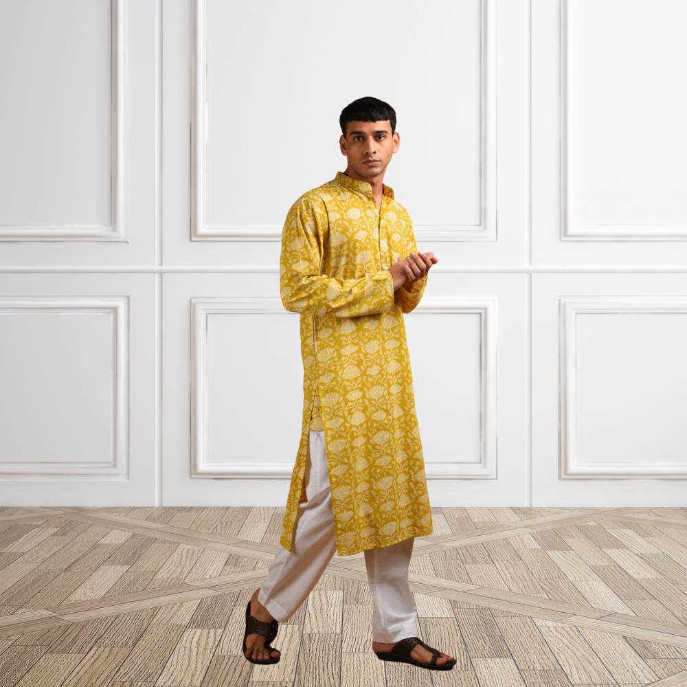 Corn Hand Block Long Kurta | Cotton | Sand Yellow And White