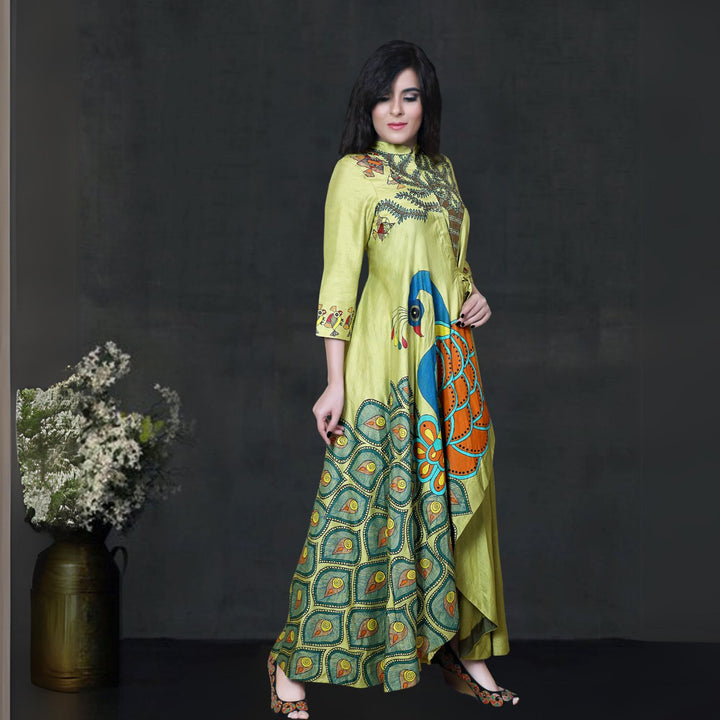 Ekani Tussar Eri Silk Angarakha Pant Co-ord | Madhubani Hand-Painted | Henna Green