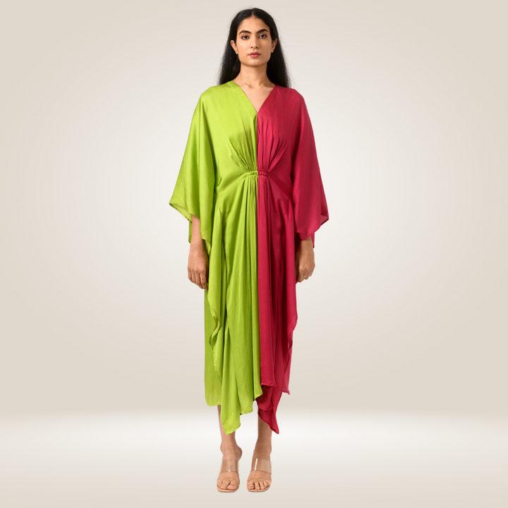 Green-Wine Kaftan Colour Block Dress | Modal | Luxe Finish