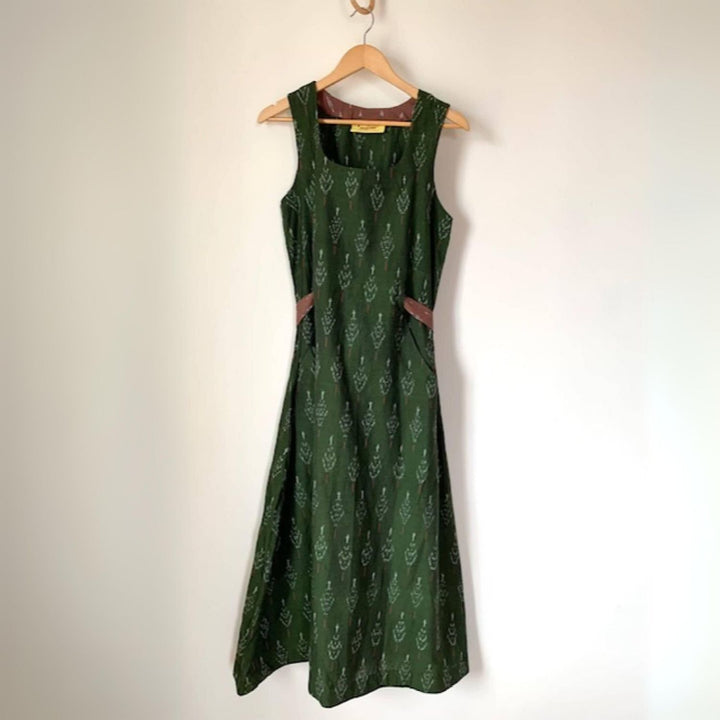 Grieshma Ikat Midi Dress | In-cut Belt Design | Everyday Casual Wear | Henna Green