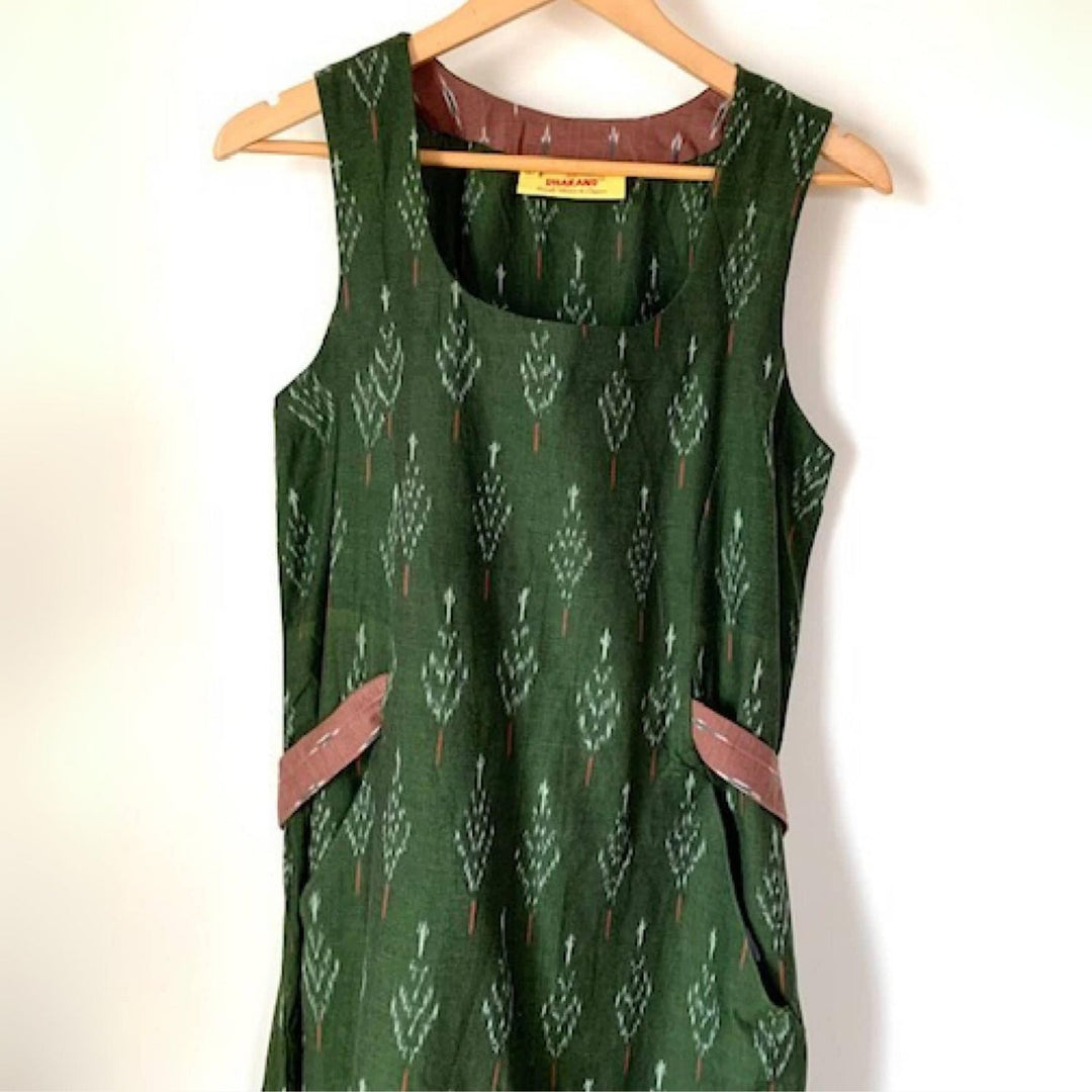 Grieshma Ikat Midi Dress | In-cut Belt Design | Everyday Casual Wear | Henna Green