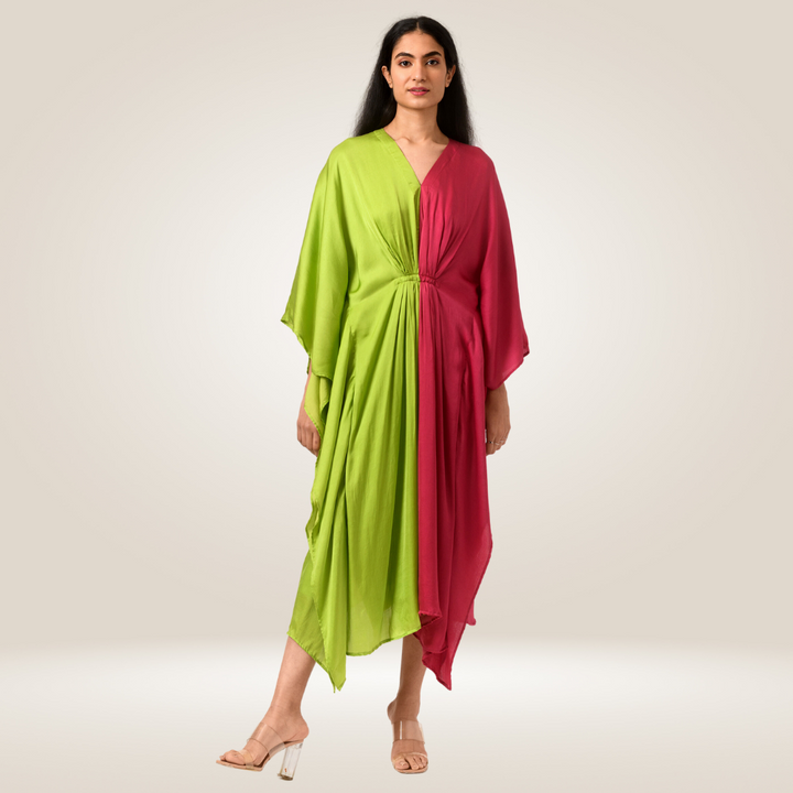 Green-Wine Kaftan Colour Block Dress | Modal | Luxe Finish