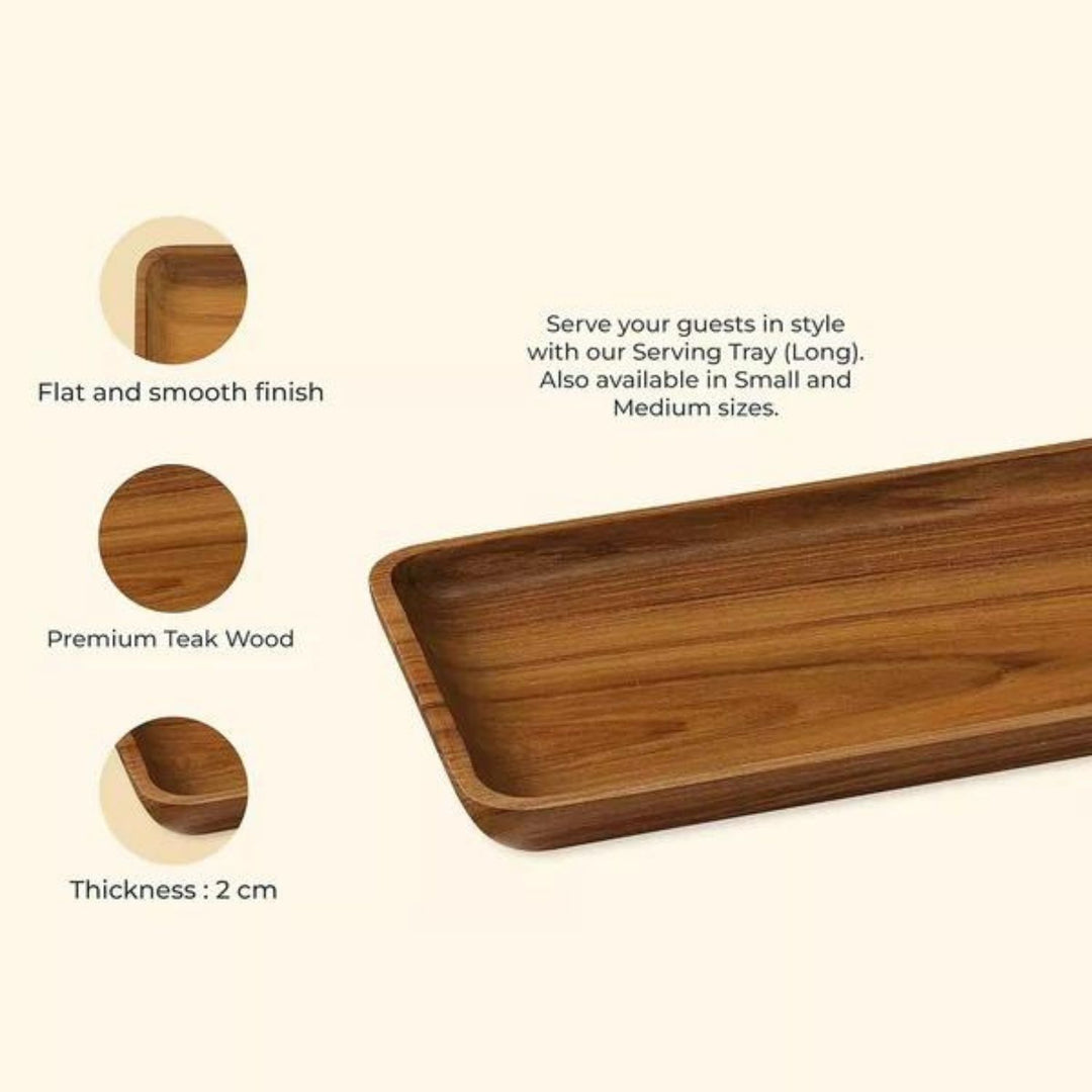 Teakogram Serving Tray | Premium Teak Wood | Hand-Crafted | Long - 15 Inch