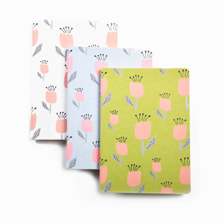 Hand Printed Tulip Note Book Combo | Tree-Free Handmade Paper | Set Of 3