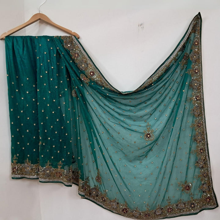 Deep Green Soft Net Saree | Artisanal | Hand Embroidered | Wedding Wear