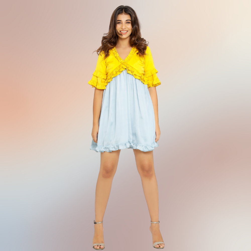 Frilled Yellow-Ice Blue Colour Blocked Mini Dress | Modal Silk