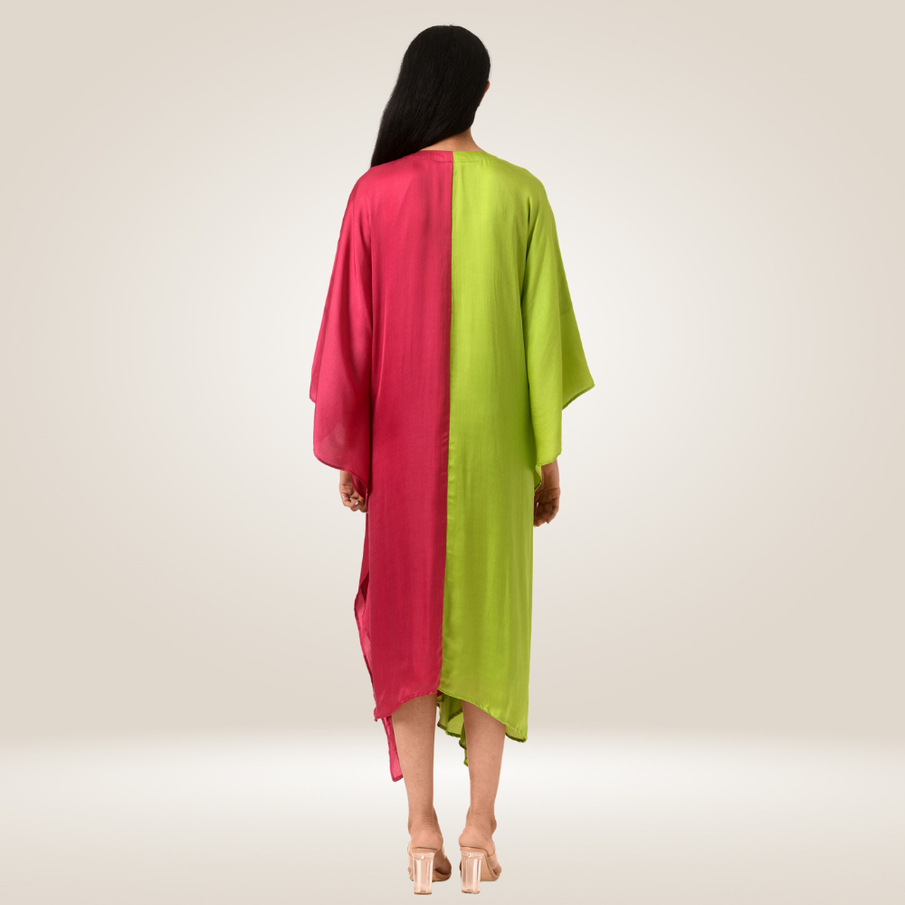 Green-Wine Kaftan Colour Block Dress | Modal | Luxe Finish