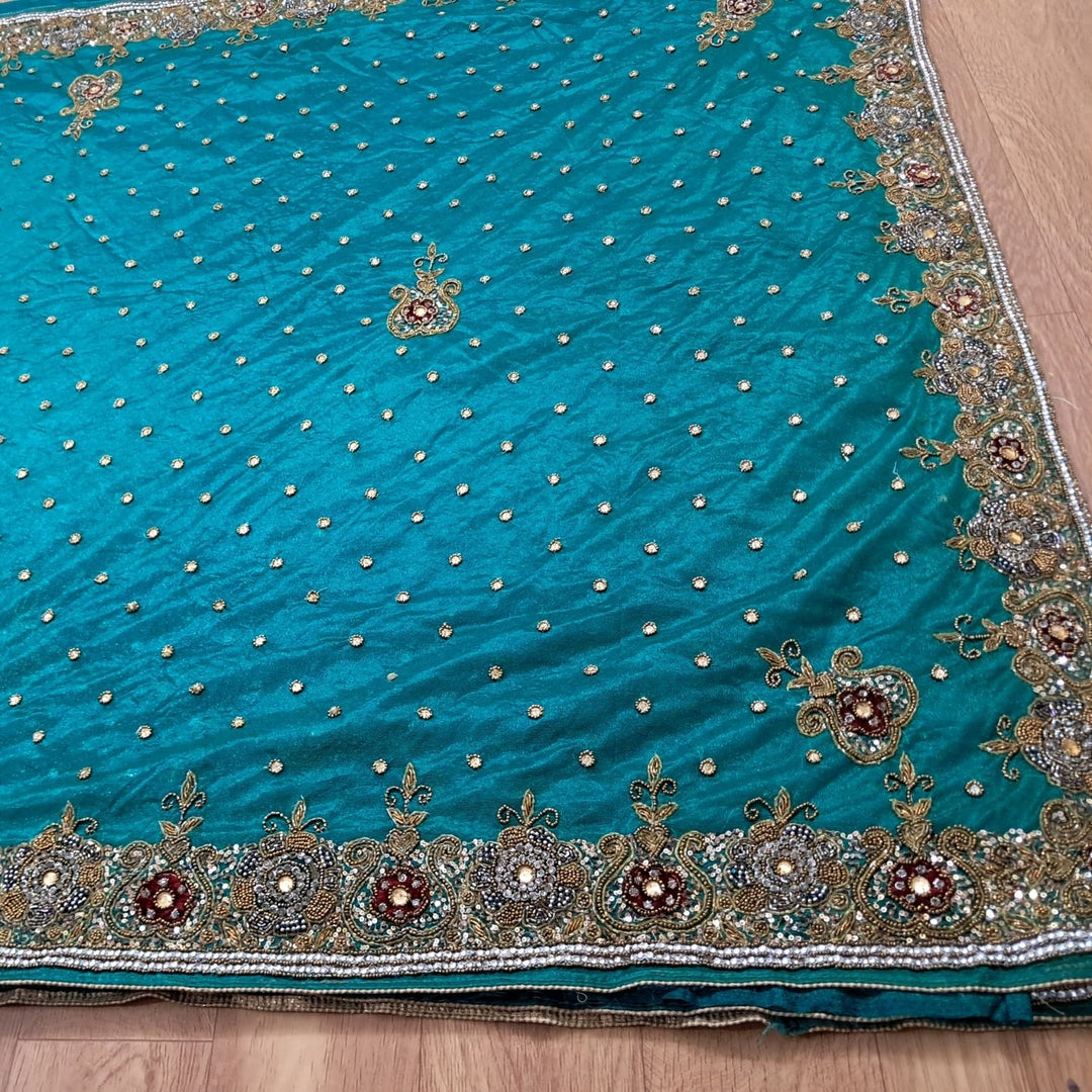 Deep Green Soft Net Saree | Artisanal | Hand Embroidered | Wedding Wear