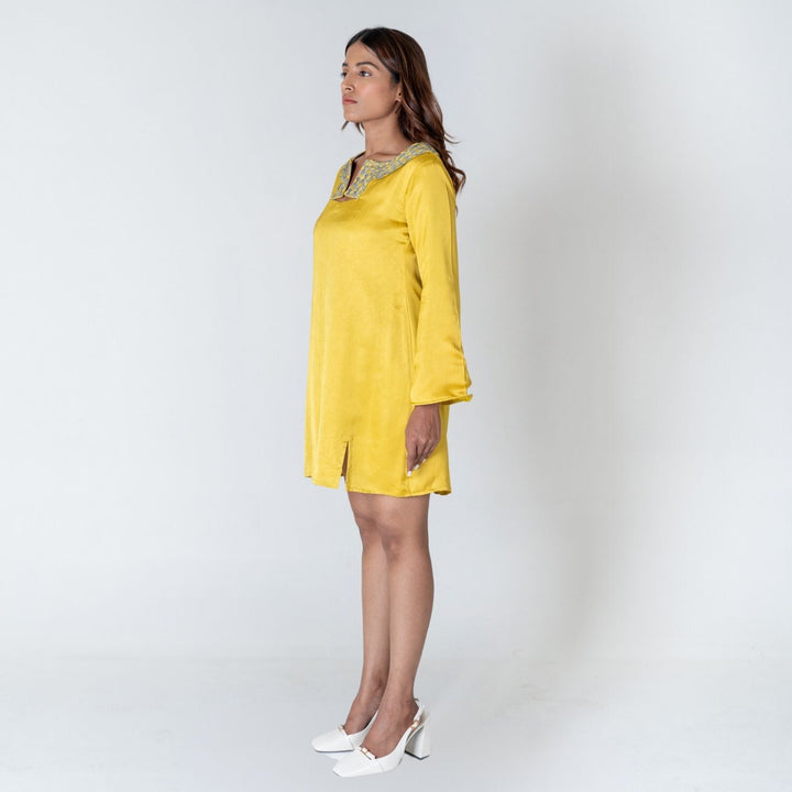 Yellow Collar Short Dress | Green Braid Embellished | Tailored fit | Eclectic