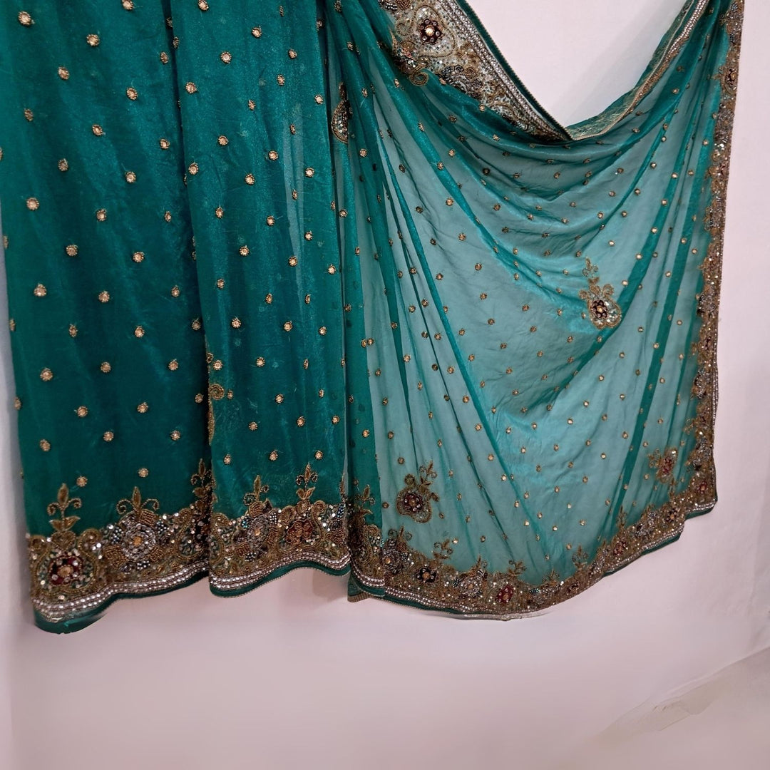 Deep Green Soft Net Saree | Artisanal | Hand Embroidered | Wedding Wear