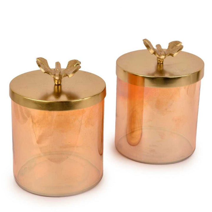 Lustre Glass Jars With Metal Pot Water Fly Lid In Set Of 2 | Decorative Jar | Festive Decor | Golden | 5.5 inches Tall