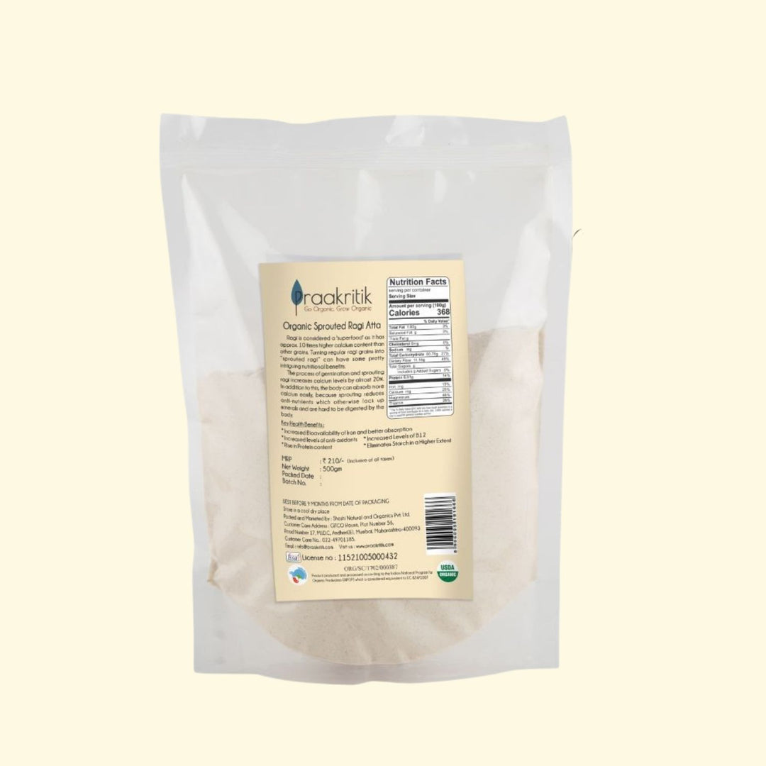 Organic Sprouted Ragi Atta | Gluten Free | Fibre Rich | Easily Digestible | 500 GM