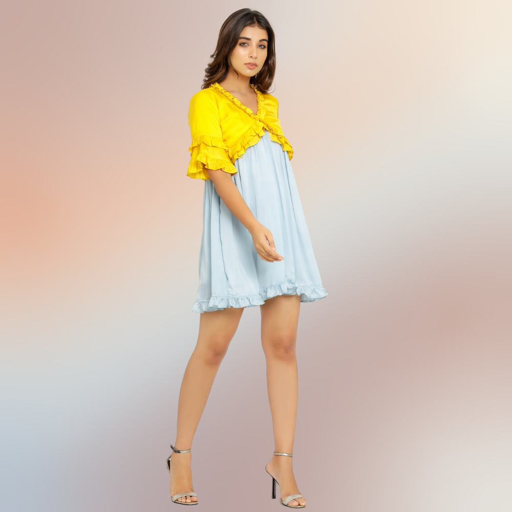 Frilled Yellow-Ice Blue Colour Blocked Mini Dress | Modal Silk