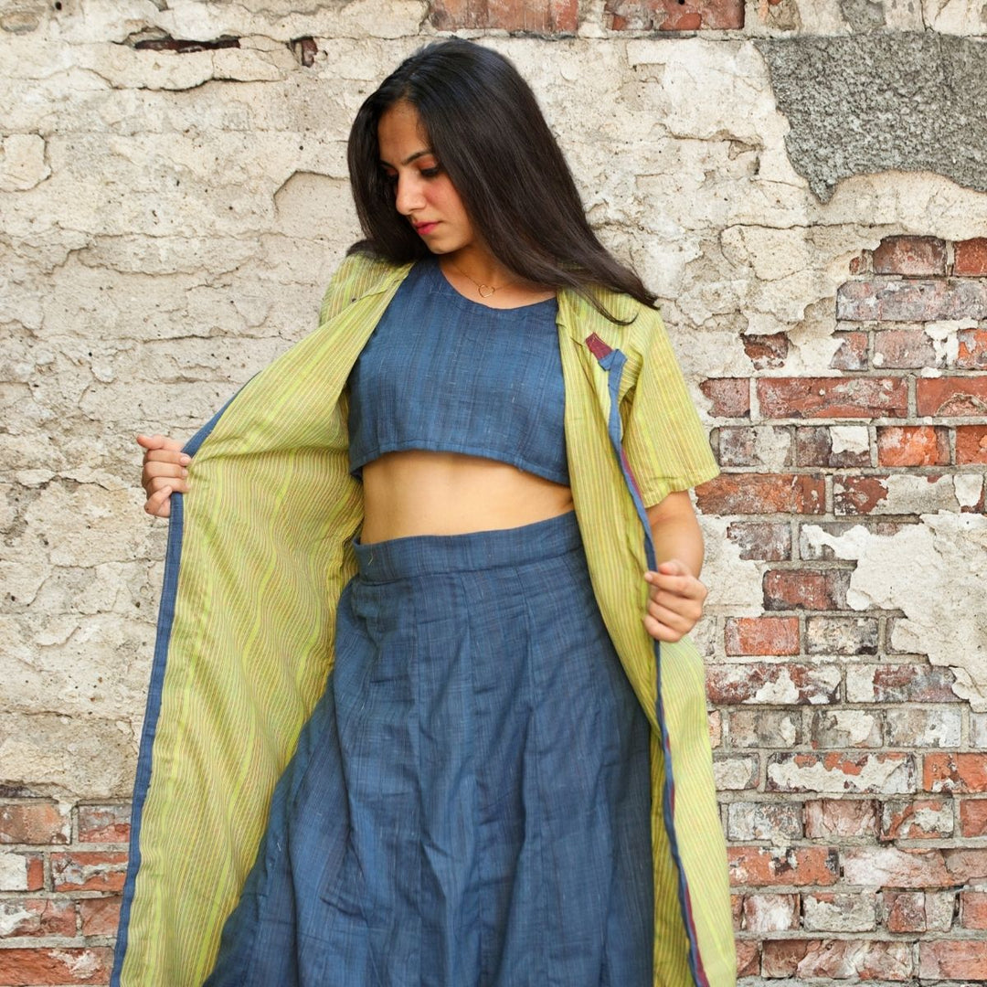 Deep Sea Blue & Green Top Jacket And Skirt Set | Sustainable | Breathable Cotton