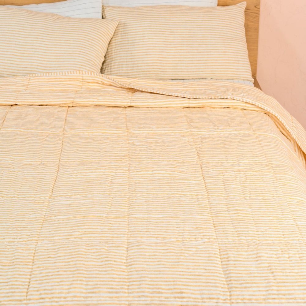 Mustard Pencil Stripes Linen Quilt | Embracing Comfort with Hand-Quilting