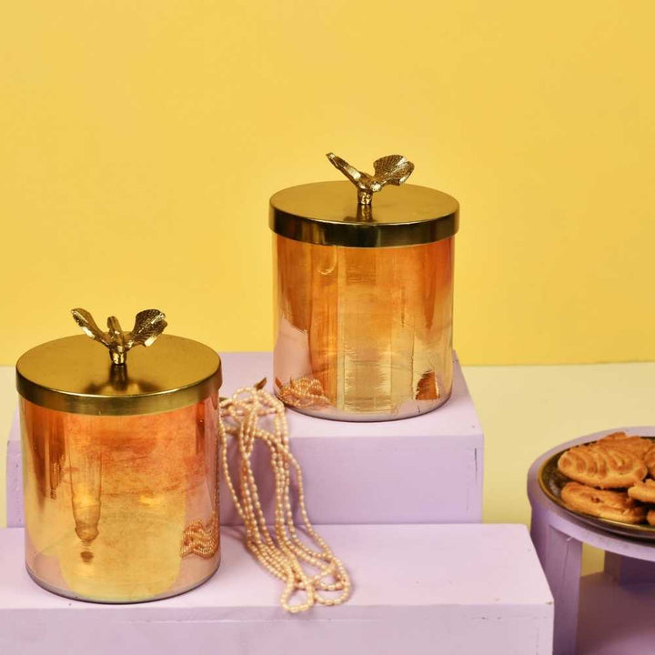 Lustre Glass Jars With Metal Pot Water Fly Lid In Set Of 2 | Decorative Jar | Festive Decor | Golden | 5.5 inches Tall