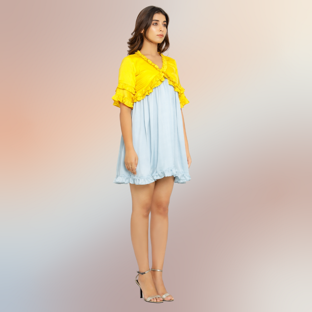 Frilled Yellow-Ice Blue Colour Blocked Mini Dress | Modal Silk