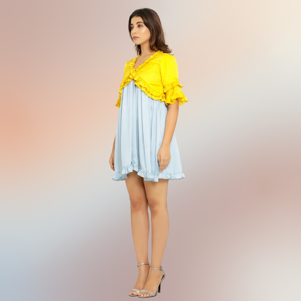 Frilled Yellow-Ice Blue Colour Blocked Mini Dress | Modal Silk