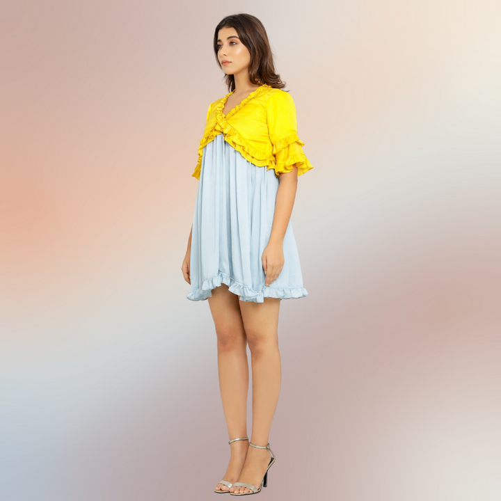 Frilled Yellow-Ice Blue Colour Blocked Mini Dress | Modal Silk