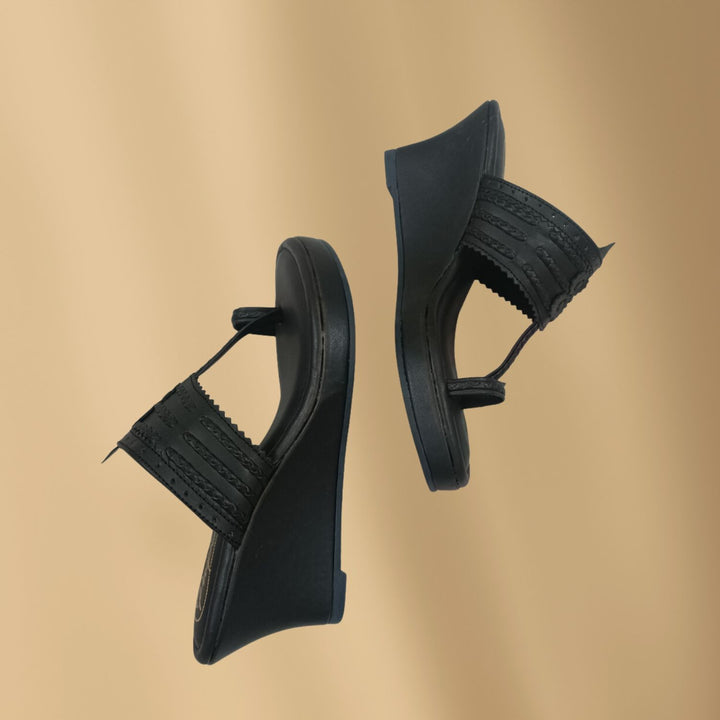 Black Wedge Heel Kolhapuris For Women | Hand-Crafted | Comfy Festive Wear