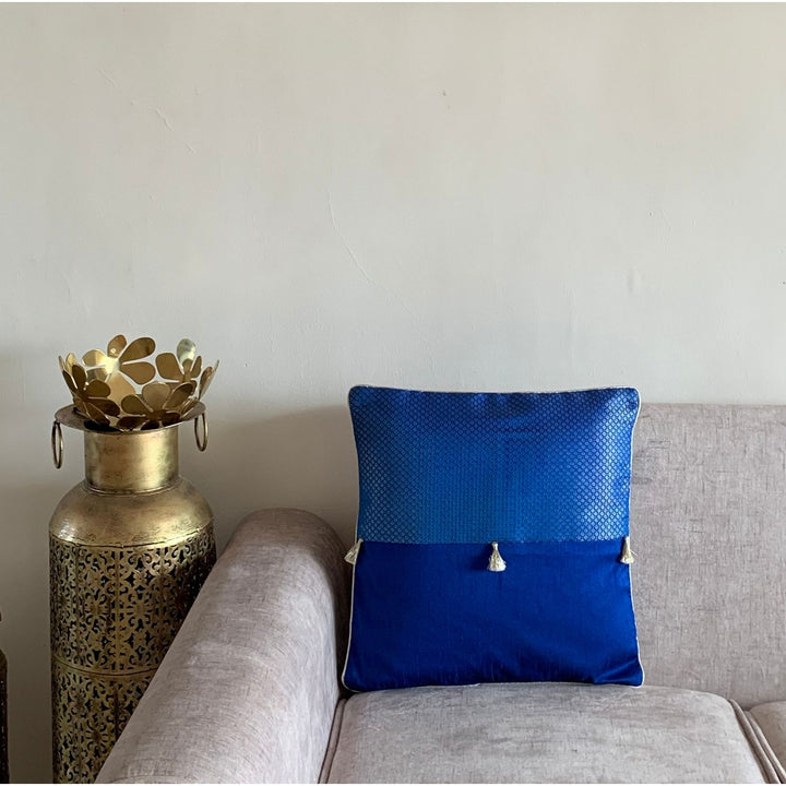 Half N Half Tassel Banarasi Cushion Cover | Cobalt Blue | 16" x 16"