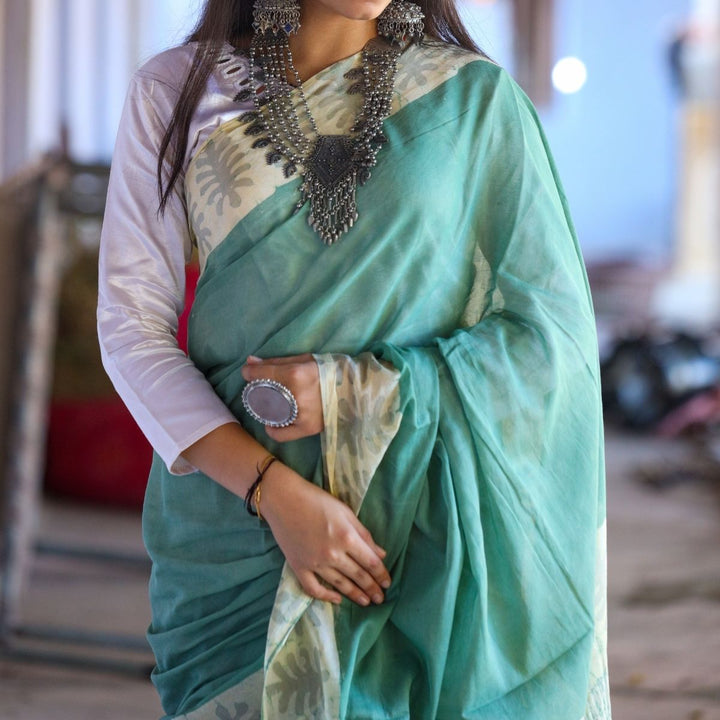 Sea Green Muslin Saree For Women | Artistic Batik Printed | Office Wear 