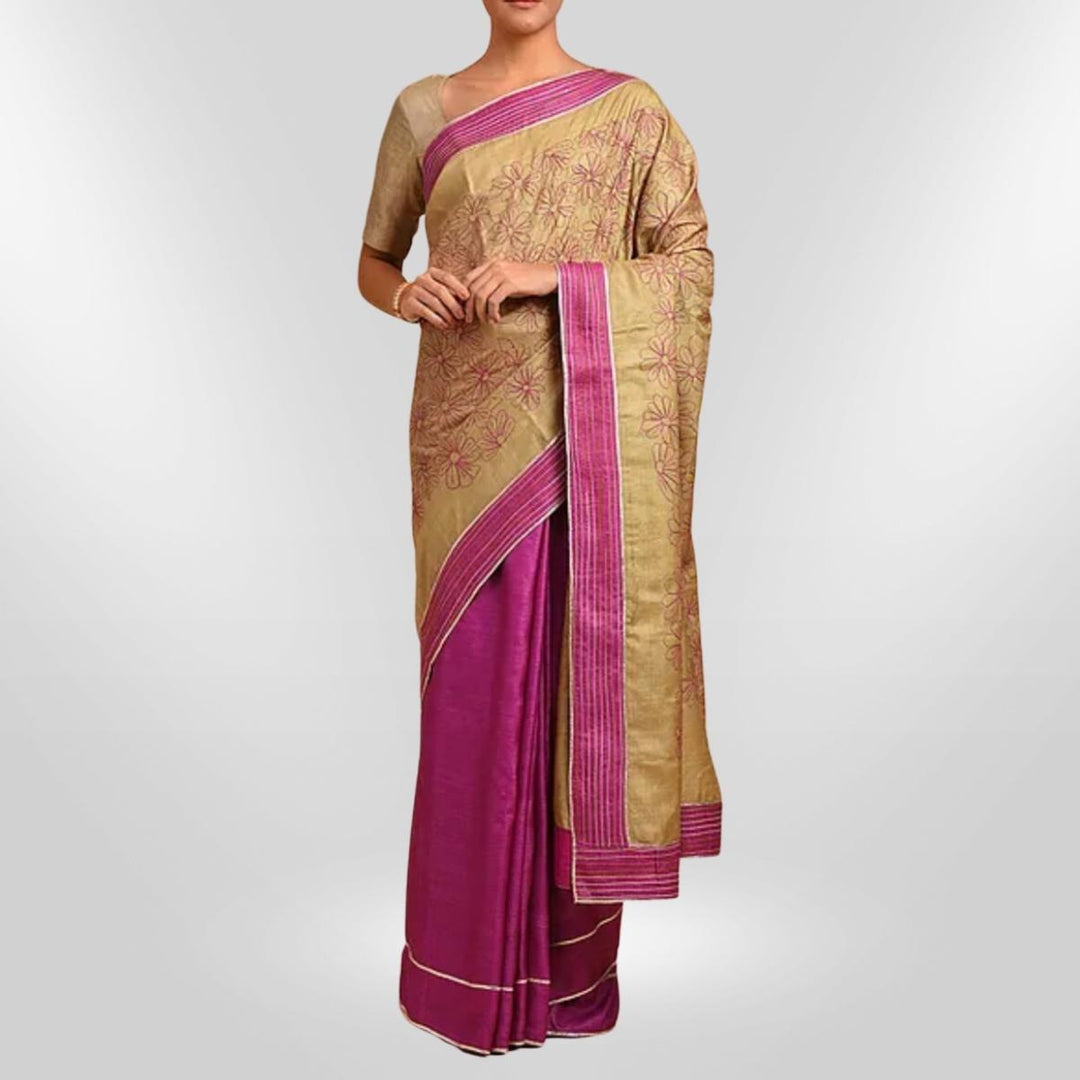 Golden & Magenta Tussar Silk Saree with Intricate Sujani Embroidery | Festive