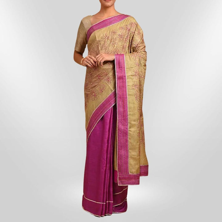 Golden & Magenta Tussar Silk Saree with Intricate Sujani Embroidery | Festive