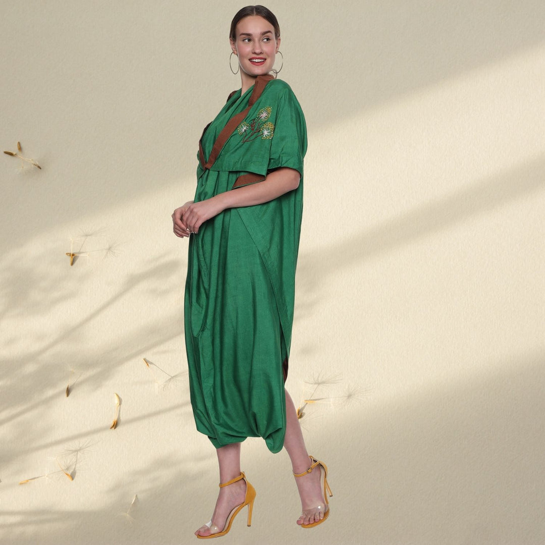 Zazie Tussar Drape Dress | Hand-Embroidered | Effortlessly Stylish