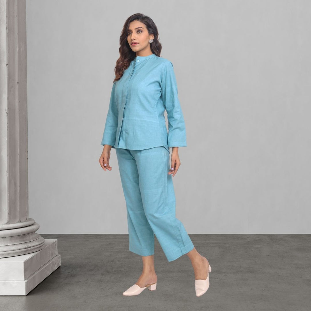 Co-ord Set Of Top And Pant For Women | Ocean Blue Cotton | Office Wear