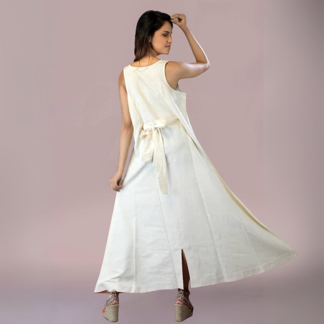 B'Creamy Affair A-Line Cotton Dress | Floral Embroidery | Incut Pocket | Off-White