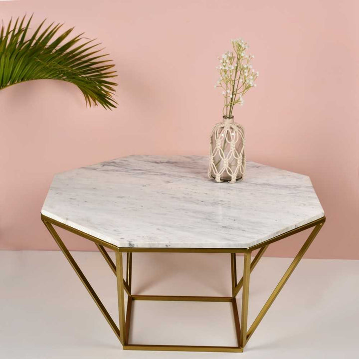 Hexagon Shape Coffee Table With Marble Table Top | Modern Accent Table | Gold Finish Stand | 31 Inches