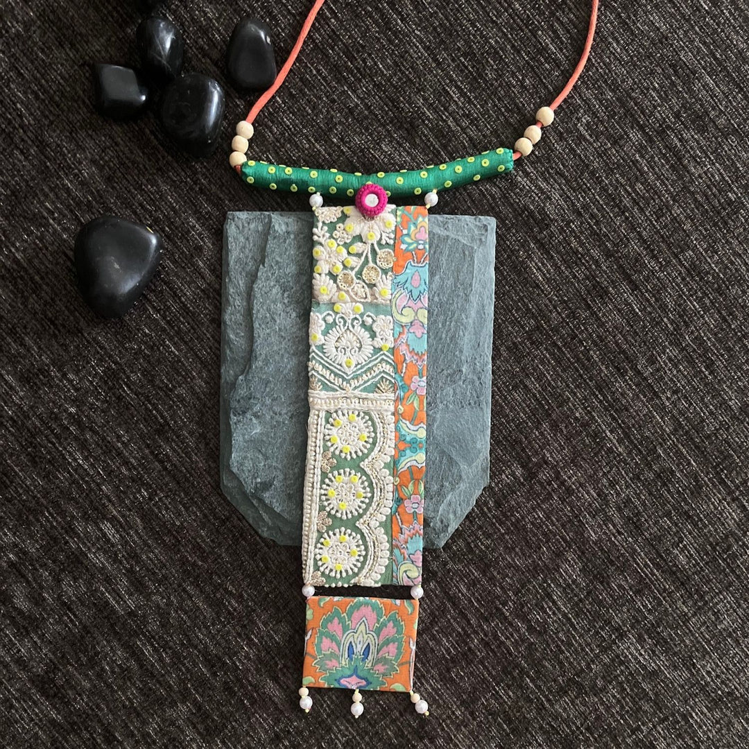 Orange and Green Long Necklace | Handcrafted Fabric Jewelry | Unique Ethnic Look