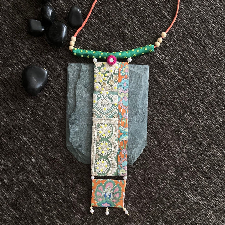 Orange and Green Long Necklace | Handcrafted Fabric Jewelry | Unique Ethnic Look