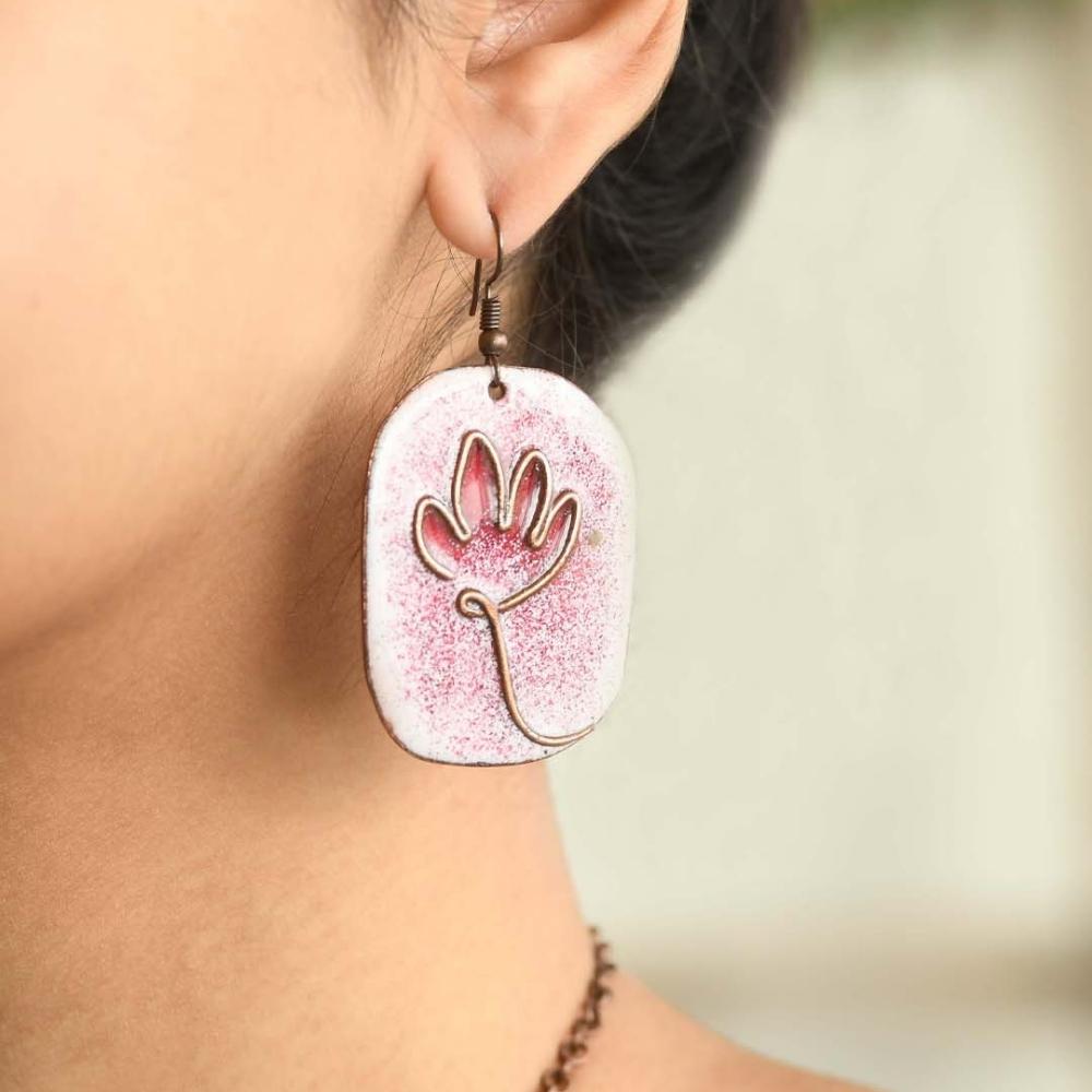 Lotus Pattern Unique Copper Enamel Dangler Earring | Hand-crafted