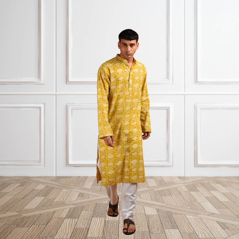 Corn Hand Block Long Kurta | Cotton | Sand Yellow And White