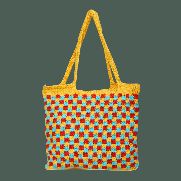 The Checkered Board Hand Bag | Hand-Crochet | Cotton Yarn | Mustard Yellow