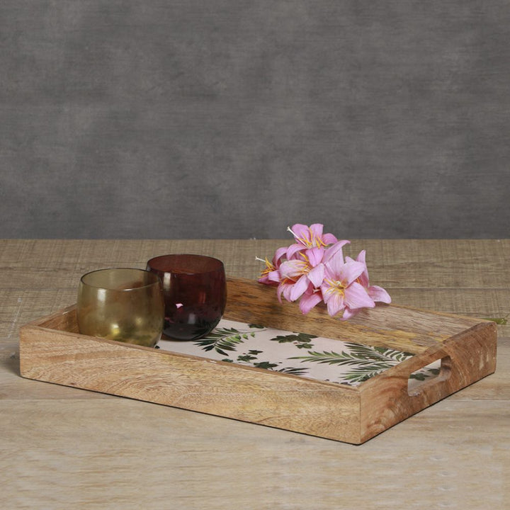 Wooden Serving Tray | Dining Room Decor | Leaf Print | White & Wood Colour | 16"