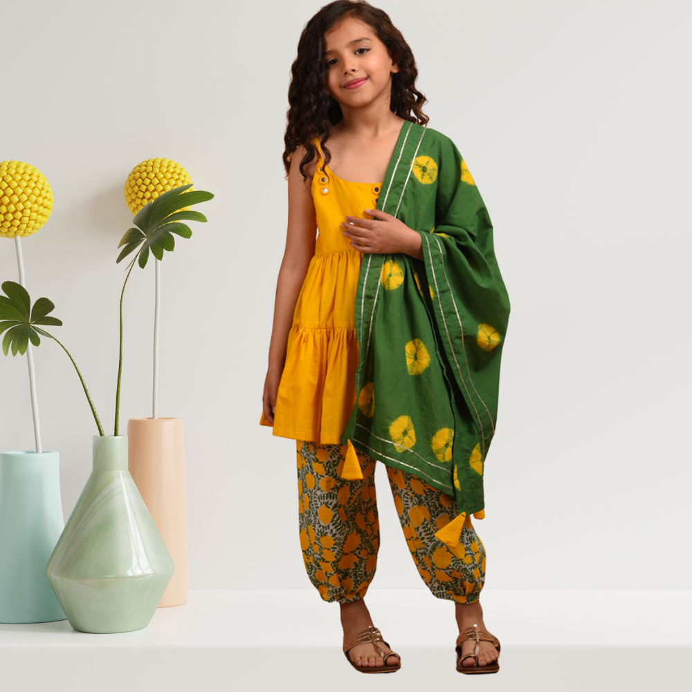 Mirror Cami Kurta Set | Girls Festive Wear | Hand Block Printed | Cotton | Yellow And Green