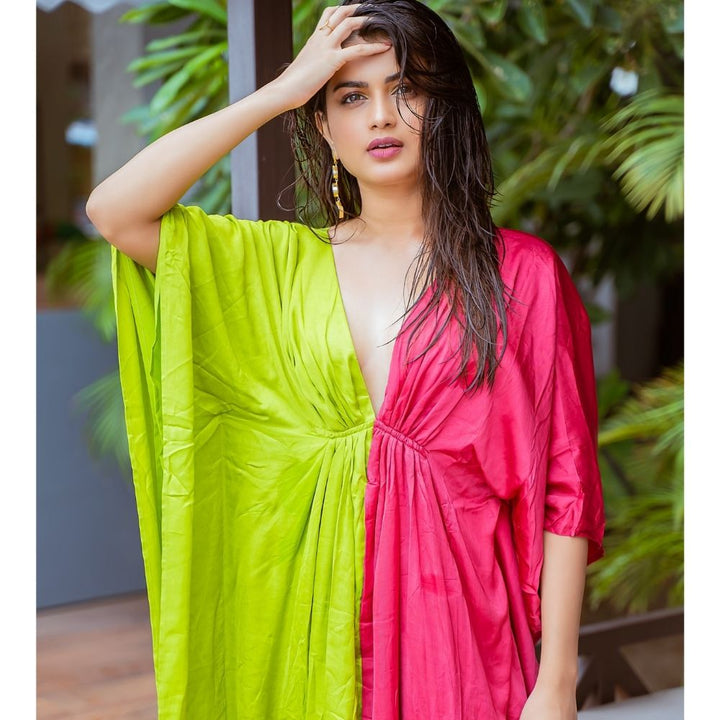 Green-Wine Kaftan Colour Block Dress | Modal | Luxe Finish