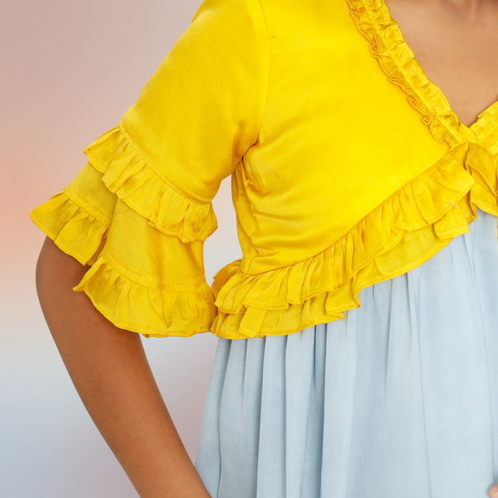 Frilled Yellow-Ice Blue Colour Blocked Mini Dress | Modal Silk