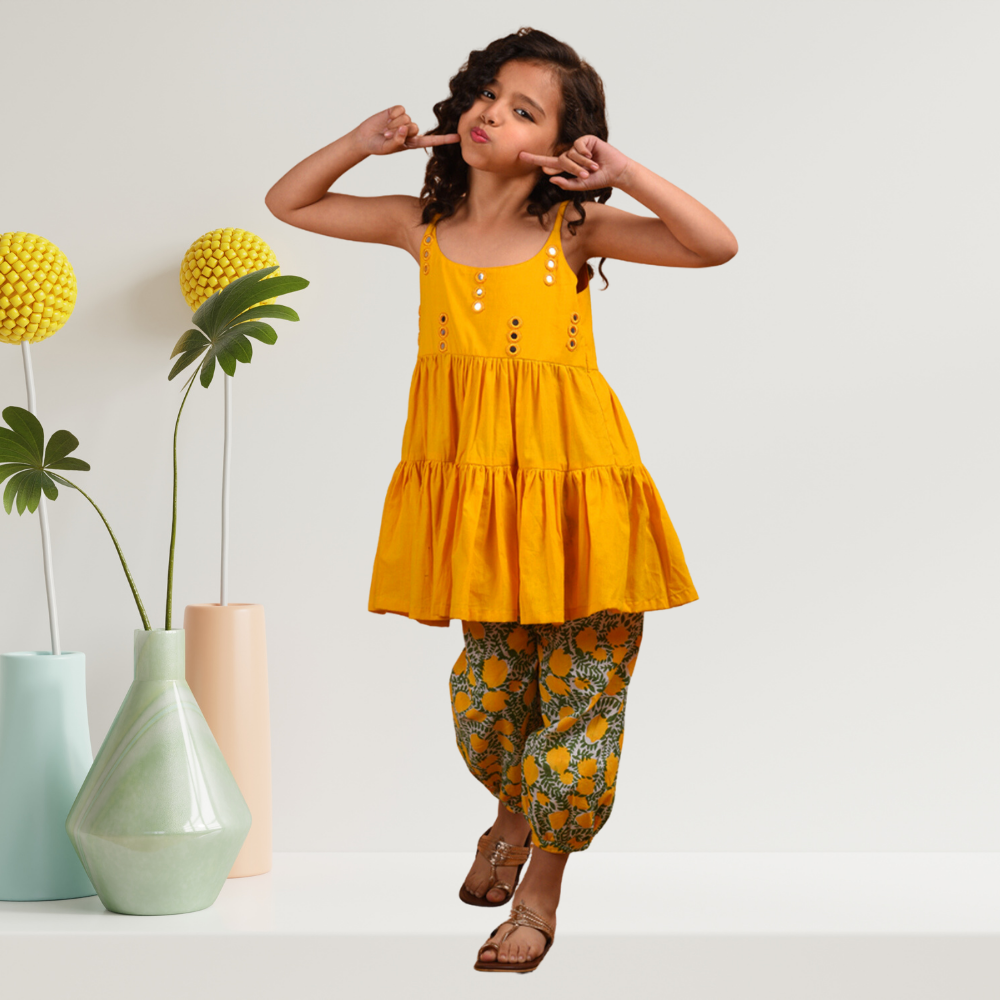 Mirror Cami Kurta Set | Girls Festive Wear | Hand Block Printed | Cotton | Yellow And Green