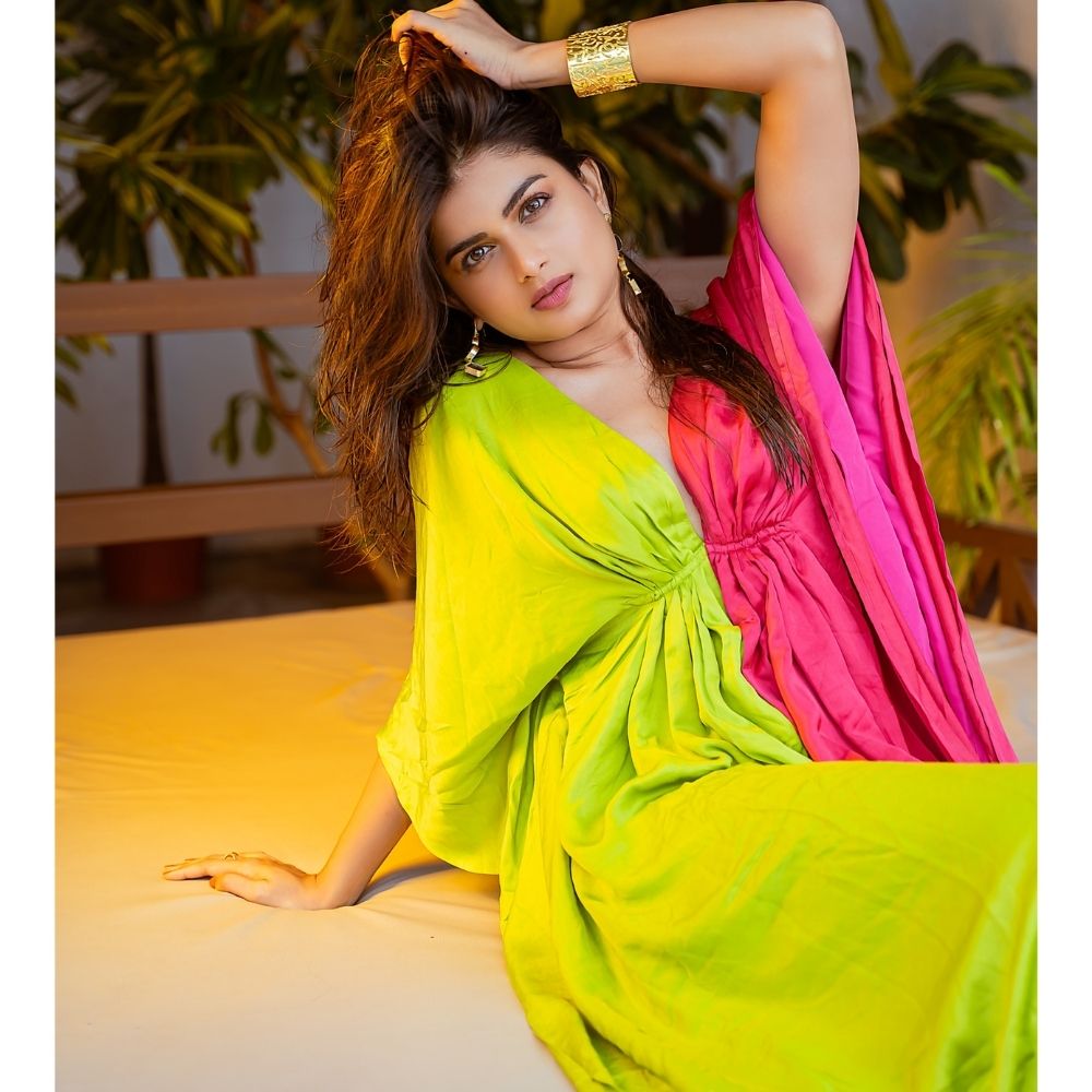 Green-Wine Kaftan Colour Block Dress | Modal | Luxe Finish