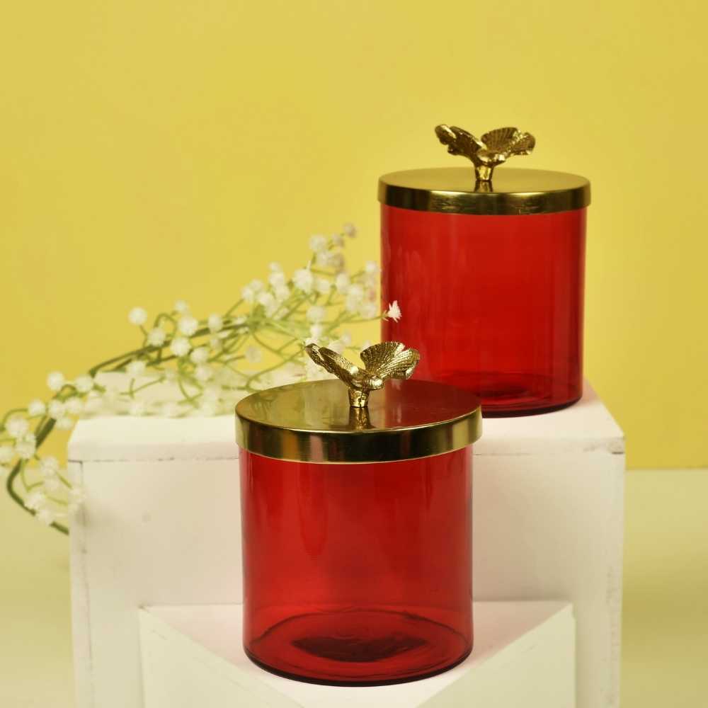 Red Glass Jar With Metal Water Fly Lid In Set Of 2 | Decorative Glass Jar | Festive Decor | Golden | 5.5 inches Tall