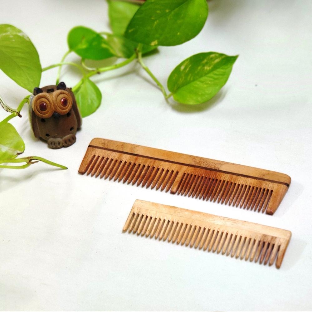 Neem Wood Pocket Comb And Dual Teeth Comb  | Handcrafted | Eco Friendly | Pack Of 2