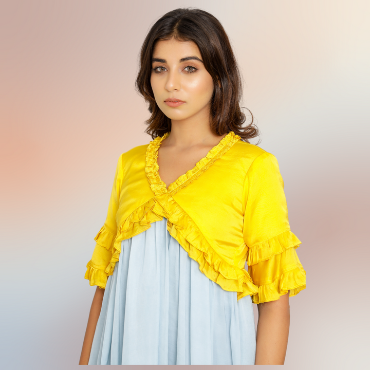 Frilled Yellow-Ice Blue Colour Blocked Mini Dress | Modal Silk