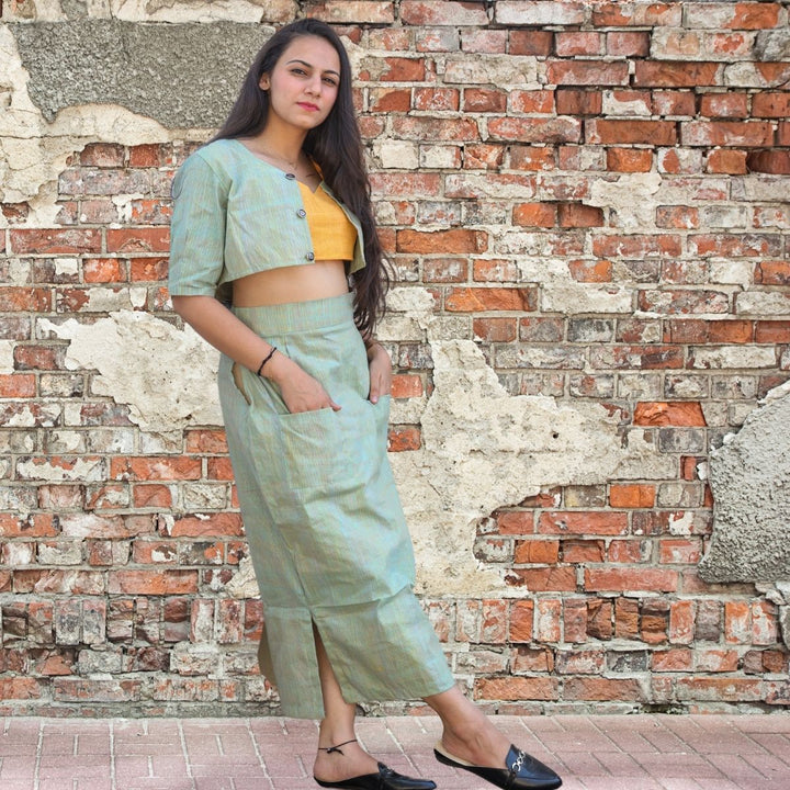 Mint Green And Yellow Crop Top, Short Jacket and Skirt Set | Sustainable & Stylish | Formal Causal Wear 