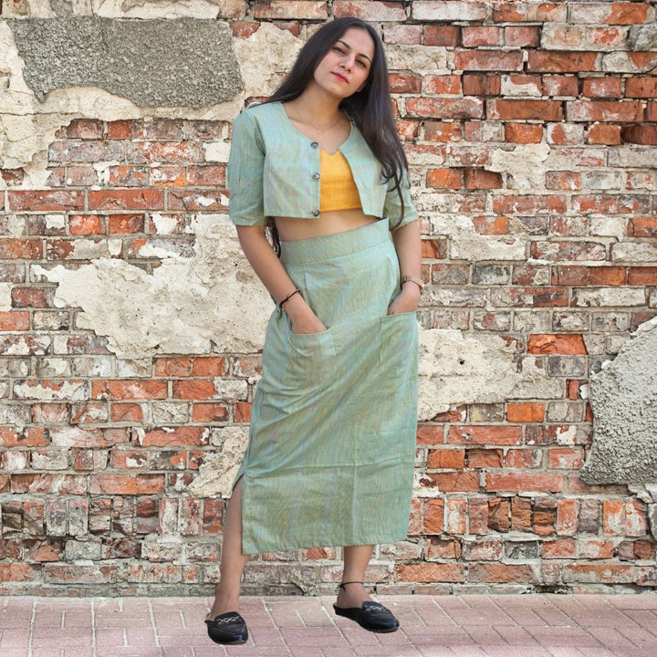 Mint Green And Yellow Crop Top, Short Jacket and Skirt Set | Sustainable & Stylish | Formal Causal Wear 