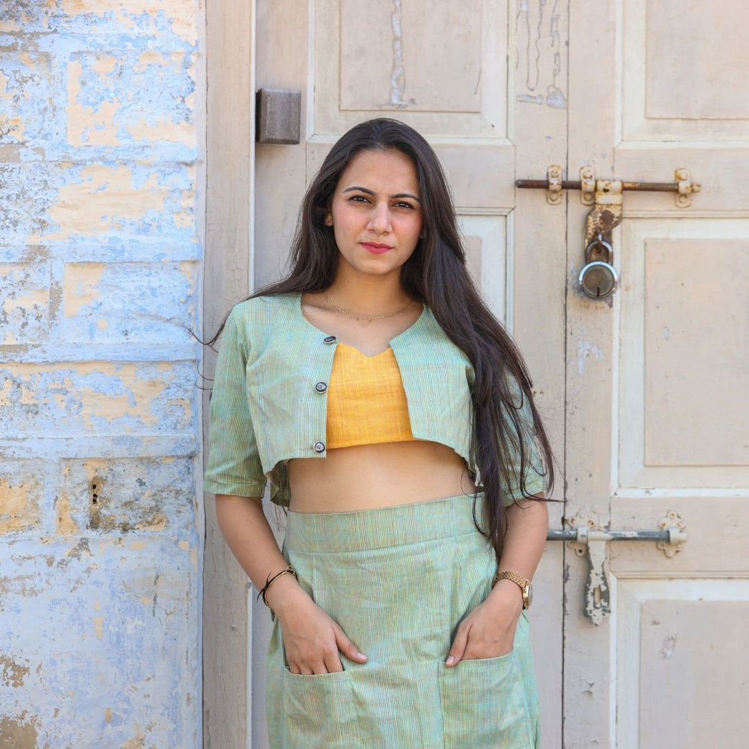 Mint Green And Yellow Crop Top, Short Jacket and Skirt Set | Sustainable & Stylish | Formal Causal Wear 